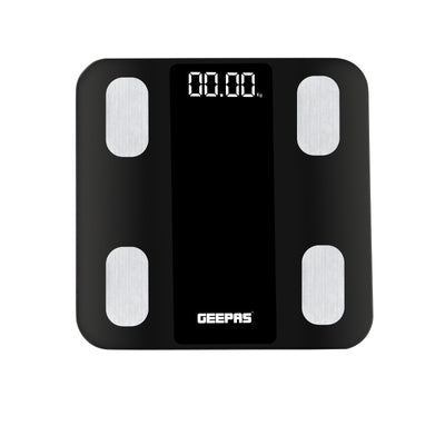 Geepas GBS4180 Smart Body Fat Scale | Bluetooth Digital Health Scale 180kg | 5mm tempered glass platform  | 63 × 27 mm white LED display | Automatic measurement