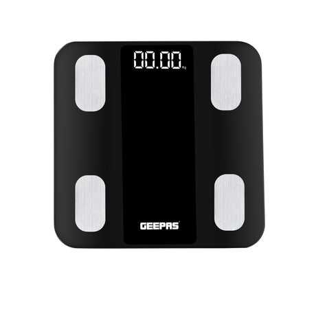 Geepas GBS4180 Smart Body Fat Scale | Bluetooth Digital Health Scale 180kg | 5mm tempered glass platform  | 63 × 27 mm white LED display | Automatic measurement