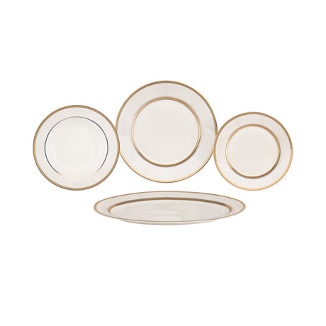 Royalford RF11047 83-Piece Premium Bone China Dinner Set | Elegant Gold Rim Dinnerware Set | 100% Food-Grade Material | Chip-Resistant Construction | Dishwasher Safe