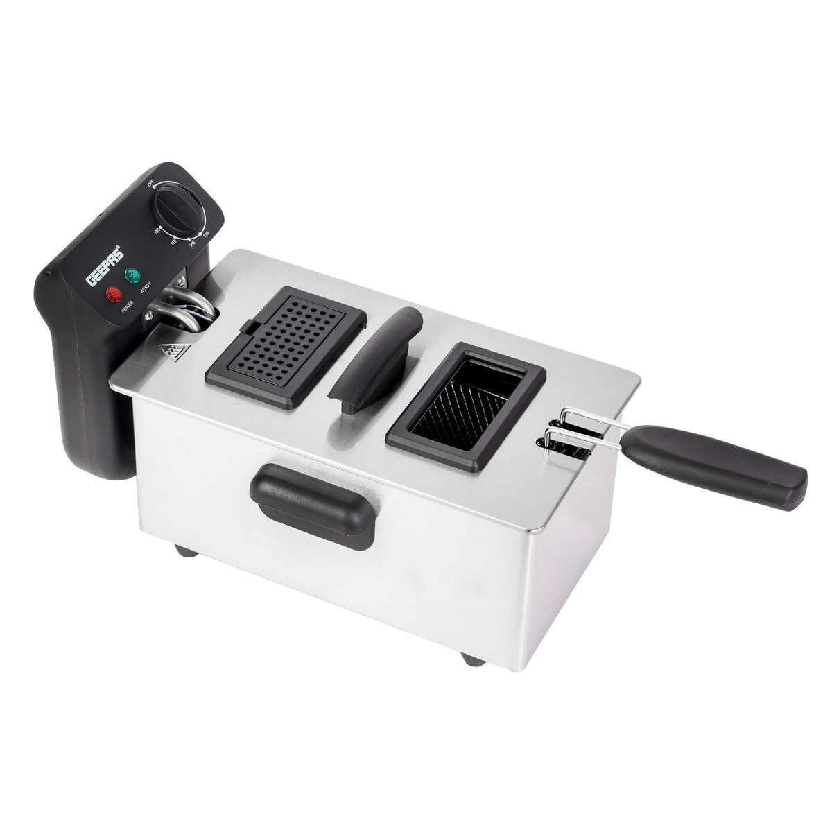 Geepas Deep Fryer- GDF36015N/ 3.0 L Capacity, Brushed Stainless Steel Housing/ Fully Immersible Heating Element, Adjustable Temperature/ 2 Years Warranty, Black & Silver