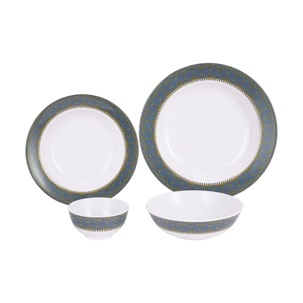 Royalford RF7437 Melamine Ware Dinner Set 20 Pcs | Elegant Blue & White Deep Plates & Bowls | Break Resistant, Dishwasher Safe Premium Tableware for Home & Dining Use