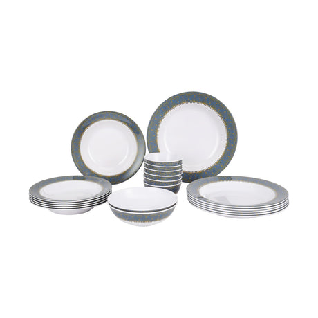Royalford RF7437 Melamine Ware Dinner Set 20 Pcs | Elegant Blue & White Deep Plates & Bowls | Break Resistant, Dishwasher Safe Premium Tableware for Home & Dining Use