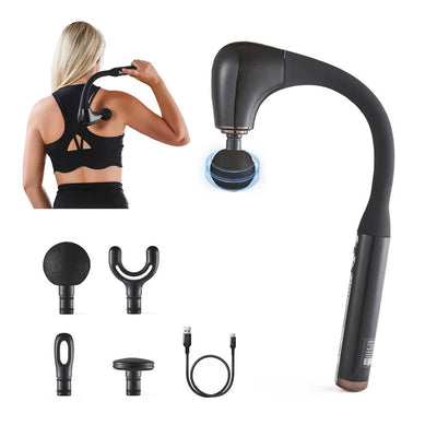 Geepas GM86093UK Curved Long Handle Massage Gun| 5-Speed Brushless Motor Massager with 4 Heads| LED Indicators & 15-Min Timer for Deep Muscle Relaxation| 2 years warranty