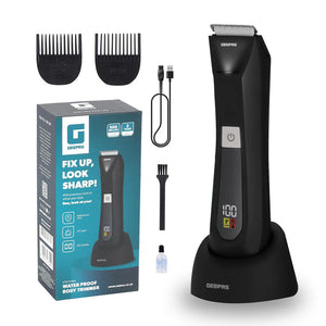Geepas GTR57519UK Waterproof Body Trimmer with LED Display | IPX5 Protection | Ceramic & Stainless Steel Blades | 2-Speed Control |  LED Light for Full Body Grooming