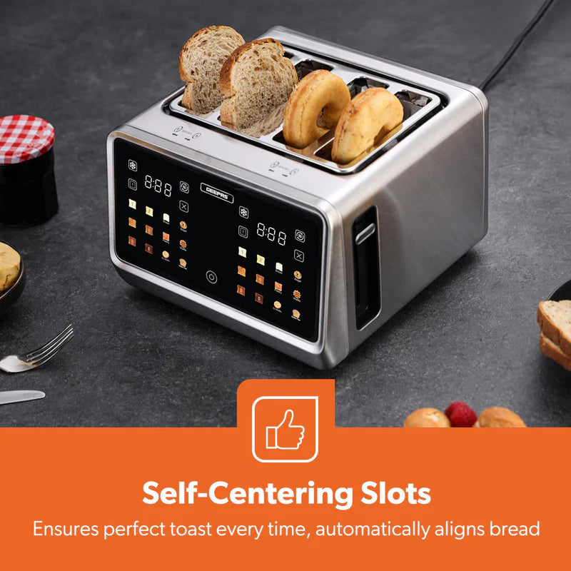 Geepas Digital 4-Slice Toaster- GBT36569UK/ 6 Modes, Removable Crumb Tray and Stainless Steel Housing, Defrost, Reheat and Cancel Functions/  2 Years Warranty, Silver