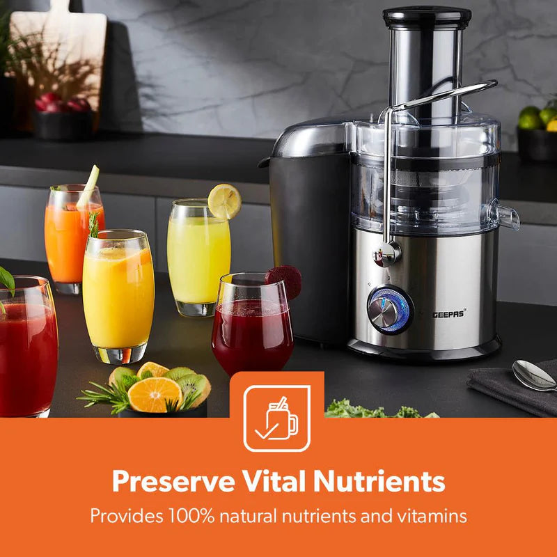 Geepas GJE46011 Powerful Juice Extractor | 1.2L Large Capacity Juicer | 800W | Stainless Steel Body| 2 Speed Control| Safety Locking Arm| Easy to Clean| 2 Year Warranty