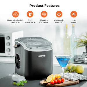 Geepas Portable Automatic Ice Maker GIM63053UK | 12kg/Day Production Capacity| 1.2L Water Tank| 600g Ice Storage| Makes 9 Ice Bullets in 7 Minutes| 2 Years Warranty