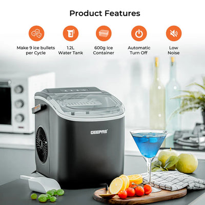 Geepas Portable Automatic Ice Maker GIM63053UK | 12kg/Day Production Capacity| 1.2L Water Tank| 600g Ice Storage| Makes 9 Ice Bullets in 7 Minutes| 2 Years Warranty