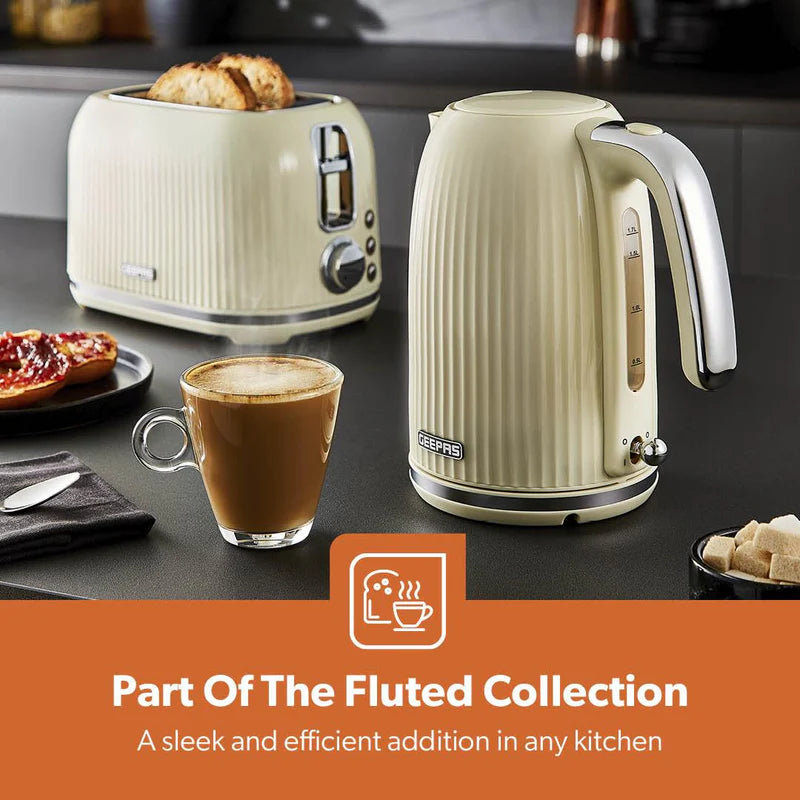 Geepas 1.7L Fluted Jug Kettle GK38068UK-CR | 360° Rotation, Boil-Dry Protection, Auto Cut-Off | For Water, Milk, Tea | Removable Filter | Cream, 2-Year Warranty