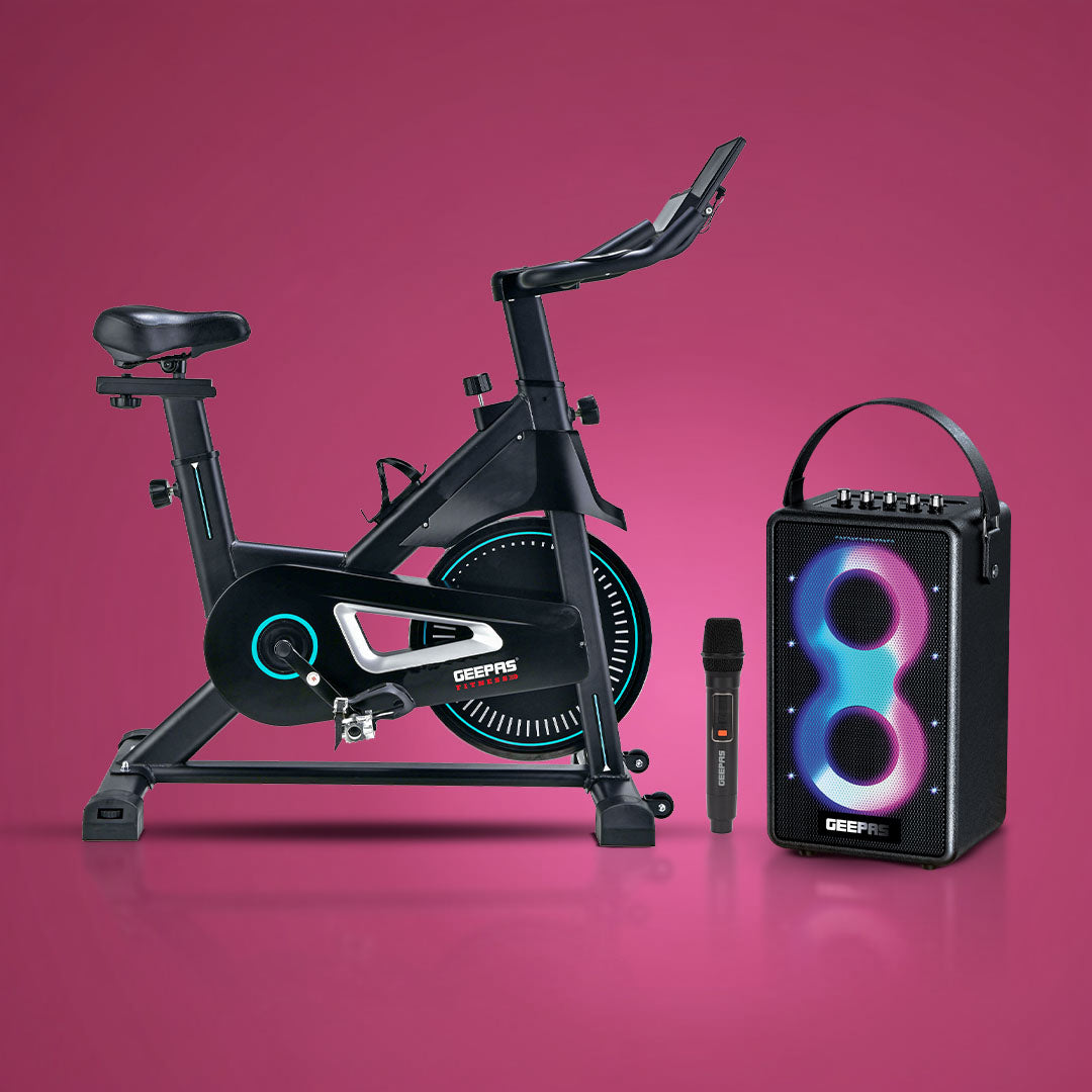 Geepas Spin Bike and Bluetooth Speaker Combo | Digital Display| Low-Noise Cycling| Bluetooth App Support | UHF Wireless Mic |  Perfect Fitness & Entertainment Set