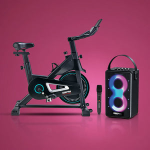 Geepas Spin Bike and Bluetooth Speaker Combo | Digital Display| Low-Noise Cycling| Bluetooth App Support | UHF Wireless Mic |  Perfect Fitness & Entertainment Set