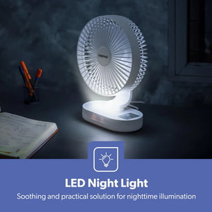 Geepas GF21157 8-Inch Rechargeable Fan with LED Night Light |Features 3-speed control |9-hour runtime |lithium battery |3 Blade Fan with Adjustable Head| portable design