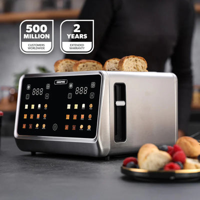 Geepas Digital 4-Slice Toaster- GBT36569UK/ 6 Modes, Removable Crumb Tray and Stainless Steel Housing, Defrost, Reheat and Cancel Functions/  2 Years Warranty, Silver