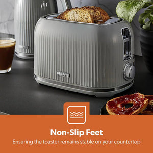 Geepas Fluted Bread Toaster- GBT36558UK-GR/ 2 Slice Slot, with 6 Adjustable Browning Control and Removable Crumb Tray, Defrost and Reheat Button/  2 Years Warranty, Grey