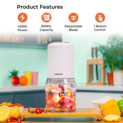 Geepas Multi Chopper GMC42012 | 500W| 0.5L Capacity Bowl |Stainless Steel Blades |Mincing Function| Coarse and Fine |Suitable for Vegetables, Fruits Etc/2 Year Warranty