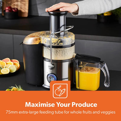 Geepas GJE46011 Powerful Juice Extractor | 1.2L Large Capacity Juicer | 800W | Stainless Steel Body| 2 Speed Control| Safety Locking Arm| Easy to Clean| 2 Year Warranty