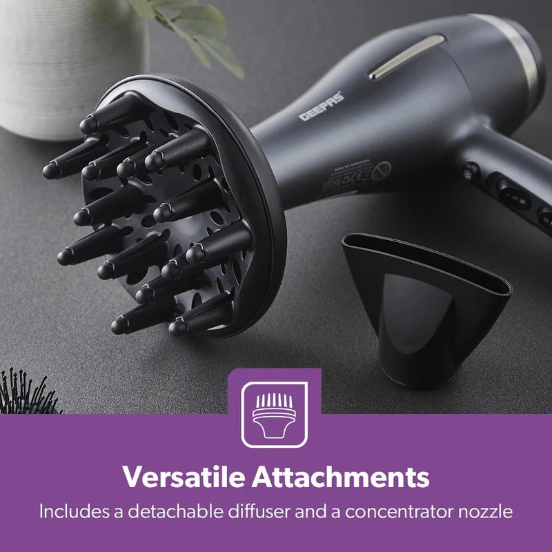 Geepas GHD86052UK Professional Ionic Hair Dryer | 2200W AC Motor | 3 Heat & 2 Speed Settings| Cool Shot | Ionic Function | Diffuser | Concentrator | 2 Years Warranty
