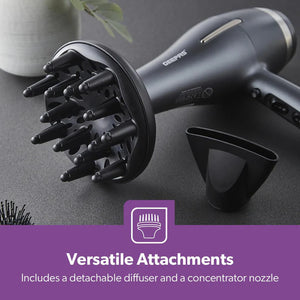 Geepas GHD86052UK Professional Ionic Hair Dryer | 2200W AC Motor | 3 Heat & 2 Speed Settings| Cool Shot | Ionic Function | Diffuser | Concentrator | 2 Years Warranty