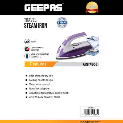 GEEPAS GSI7805 Travel Steam Iron 800W with Folding Handle | Steam and Dry Ironing | Non-Stick Soleplate | Adjustable Temperature Control | Thermostat Control | Durable
