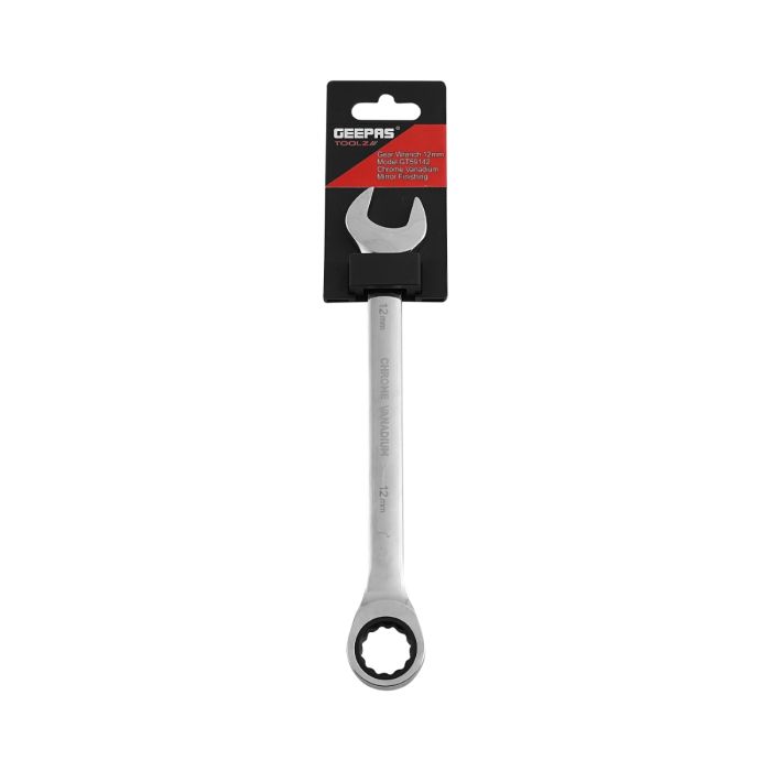 Geepas 12mm Gear Wrench with Plastic Hanger - Part Ring/Open-Ended Spanner with Ratchet Function | CRV, Mirror Finish | Ideal for Mechanic, Plumbers, Carpenter, DIYers and More