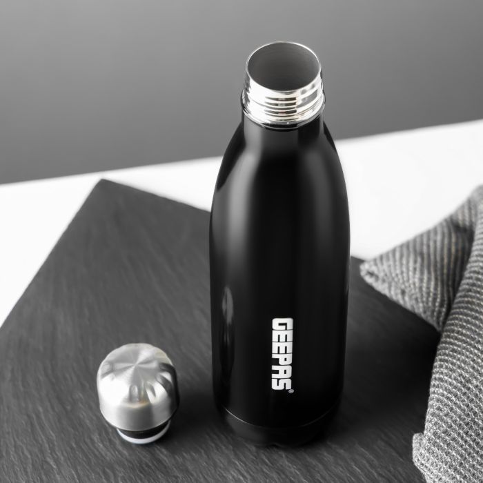Geepas 500 ML Stainless Steel Vacuum Flask- GVF27019| Double Wall Insulation for Hot and Cold Beverages| Comfortable to Hold and Easy to Carry| Suitable for Indoor and Outdoor Use| 2 Years Warranty, Black