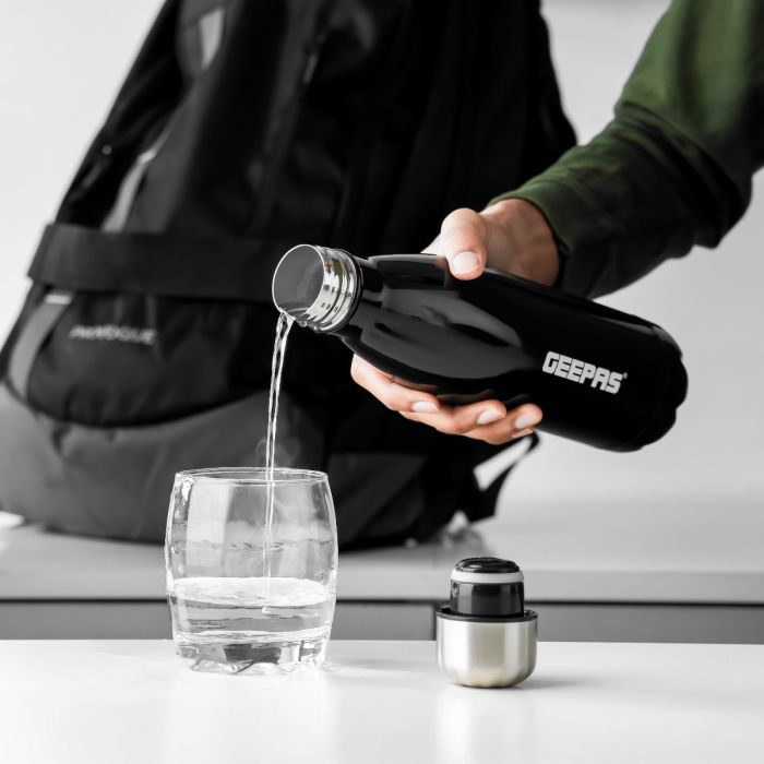 Geepas 500 ML Stainless Steel Vacuum Flask- GVF27019| Double Wall Insulation for Hot and Cold Beverages| Comfortable to Hold and Easy to Carry| Suitable for Indoor and Outdoor Use| 2 Years Warranty, Black