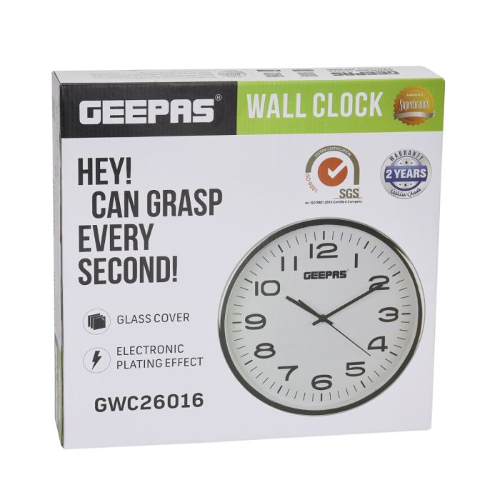 Geepas Wall Clock - Round Decorative Campagne/Silver colour Frame Clock for Living Room, Bedroom, Kitchen (Battery Not Included) Color Frame | 2 Years Warranty