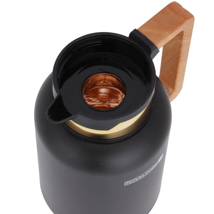 Double Wall Vacuum Jug with Wooden Handle, 1L, RF10172 | Thermal Insulated Airpot | Keep Drinks Hot/ Cold | Asbestos-Free Pink Glass Inner | Portable & Leak Proof Thermal Flask