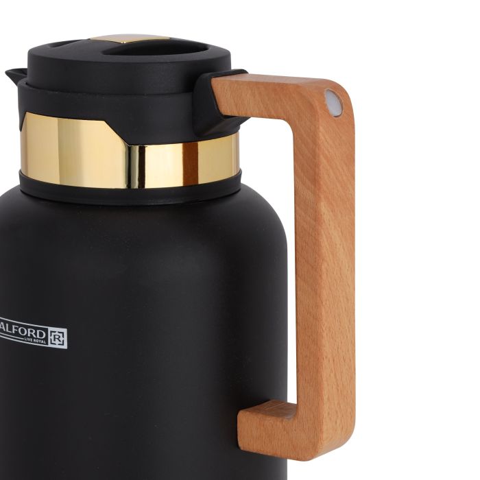 Double Wall Vacuum Jug with Wooden Handle, 1L, RF10172 | Thermal Insulated Airpot | Keep Drinks Hot/ Cold | Asbestos-Free Pink Glass Inner | Portable & Leak Proof Thermal Flask