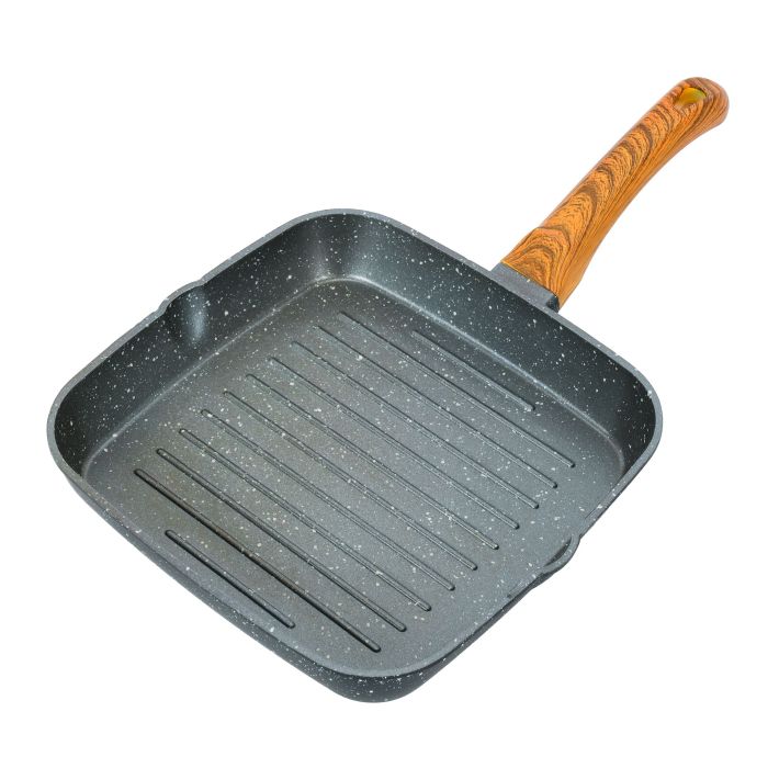 Square Grill Pan, Granite Coated Die-Cast Aluminium, RF10764 | 2 Pouring Spouts | 24cm Non-Stick Cookware Fry Pan | Strong Wood-finish Bakelite Handle | 4mm Thickness