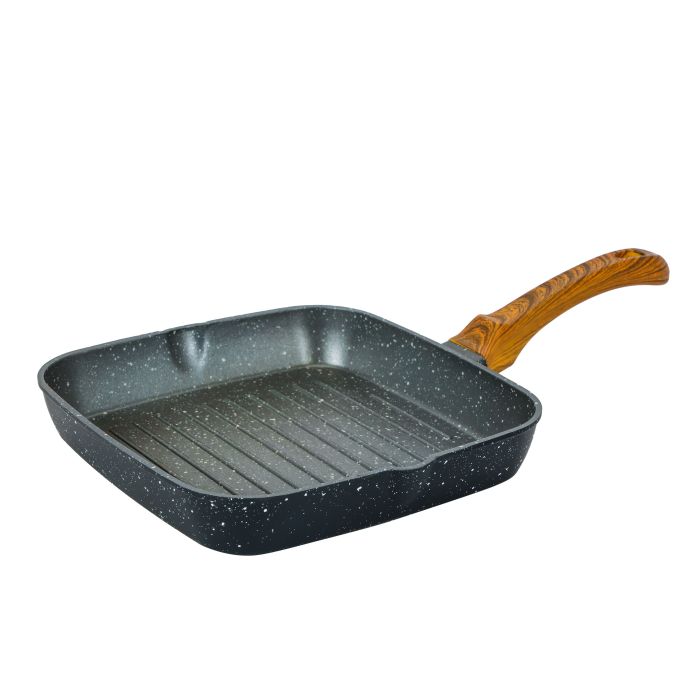 Square Grill Pan, Granite Coated Die-Cast Aluminium, RF10764 | 2 Pouring Spouts | 24cm Non-Stick Cookware Fry Pan | Strong Wood-finish Bakelite Handle | 4mm Thickness