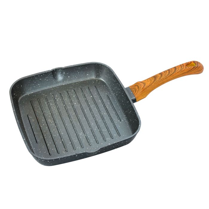 Square Grill Pan, Granite Coated Die-Cast Aluminium, RF10764 | 2 Pouring Spouts | 24cm Non-Stick Cookware Fry Pan | Strong Wood-finish Bakelite Handle | 4mm Thickness