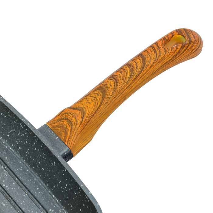 Square Grill Pan, Granite Coated Die-Cast Aluminium, RF10764 | 2 Pouring Spouts | 24cm Non-Stick Cookware Fry Pan | Strong Wood-finish Bakelite Handle | 4mm Thickness