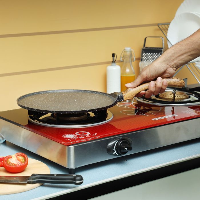 Flat Griddle Tawa, Granite Coated Aluminium, RF10766 | 5 Layer Construction | Strong Wood-finish Bakelite Handle | Compatible with Gas, Hot Plate, Halogen, Ceramic