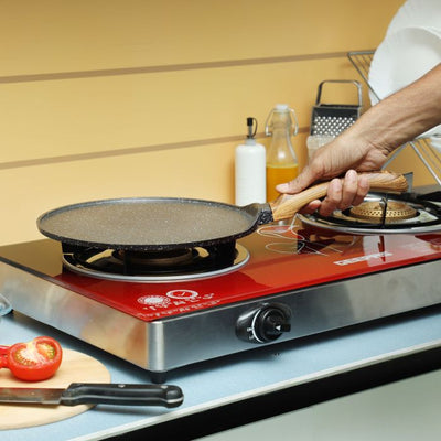Flat Griddle Tawa, Granite Coated Aluminium, RF10766 | 5 Layer Construction | Strong Wood-finish Bakelite Handle | Compatible with Gas, Hot Plate, Halogen, Ceramic