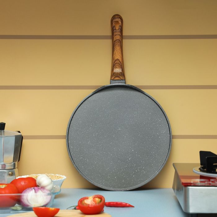 Flat Griddle Tawa, Granite Coated Aluminium, RF10766 | 5 Layer Construction | Strong Wood-finish Bakelite Handle | Compatible with Gas, Hot Plate, Halogen, Ceramic