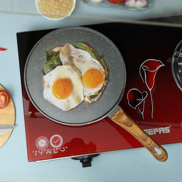 Flat Griddle Tawa, Granite Coated Aluminium, RF10766 | 5 Layer Construction | Strong Wood-finish Bakelite Handle | Compatible with Gas, Hot Plate, Halogen, Ceramic