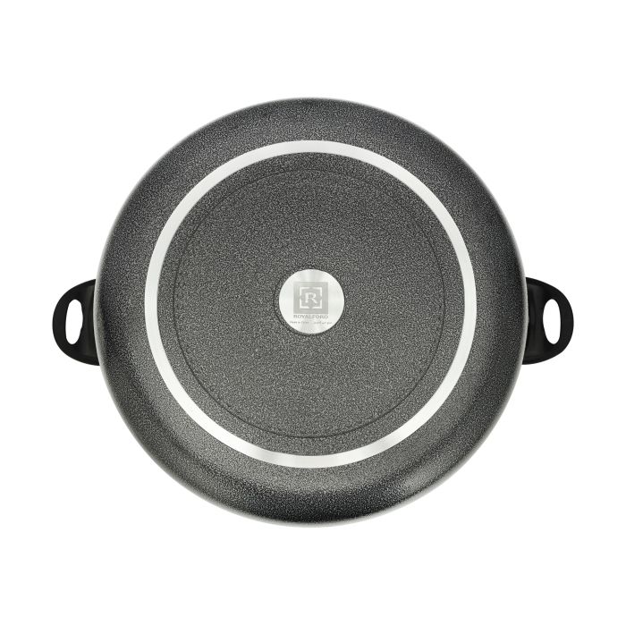 Royalford 24 CM Aluminium Casserole- RF11197| Non-Stick Aluminium Cookware| Dot Induction Base| Compatible with Hot Plate, Halogen, Gas and Induction Cooktops| 3mm Thickness, Strong Bakelite Handles and Knob and Tempered Glass Lid| Black| One-Piece