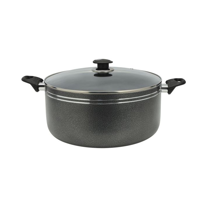 Royalford 24 CM Aluminium Casserole- RF11197| Non-Stick Aluminium Cookware| Dot Induction Base| Compatible with Hot Plate, Halogen, Gas and Induction Cooktops| 3mm Thickness, Strong Bakelite Handles and Knob and Tempered Glass Lid| Black| One-Piece