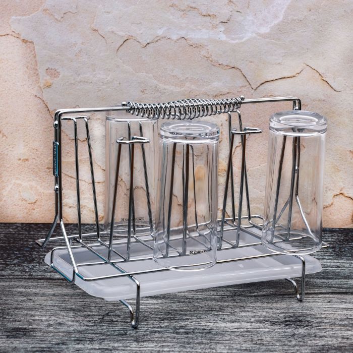 Royalford RF1155GH8 Stainless Steel 8 Glass Stand Holder with Drainer - Glass Drainer Storage Drying Rack - Glass Holder Rack - Drying Holds 8 Cups - Ideal for Storing/Draining/Drying Cups, Mugs, Glasses