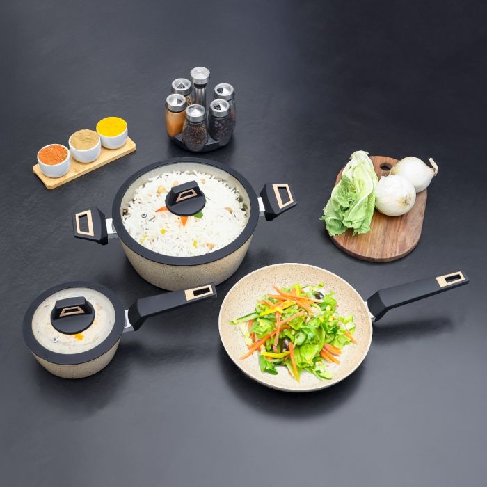 Royalford Chef Art Granite Cookware Set- RF11960| 6 Piece Set, Forged Aluminum with Granite Coated Body| Induction Base, Soft Touch Handles and Tempered Glass Lid| Includes Casseroles, Sauce Pan, Fry Pan and Turner| Pink