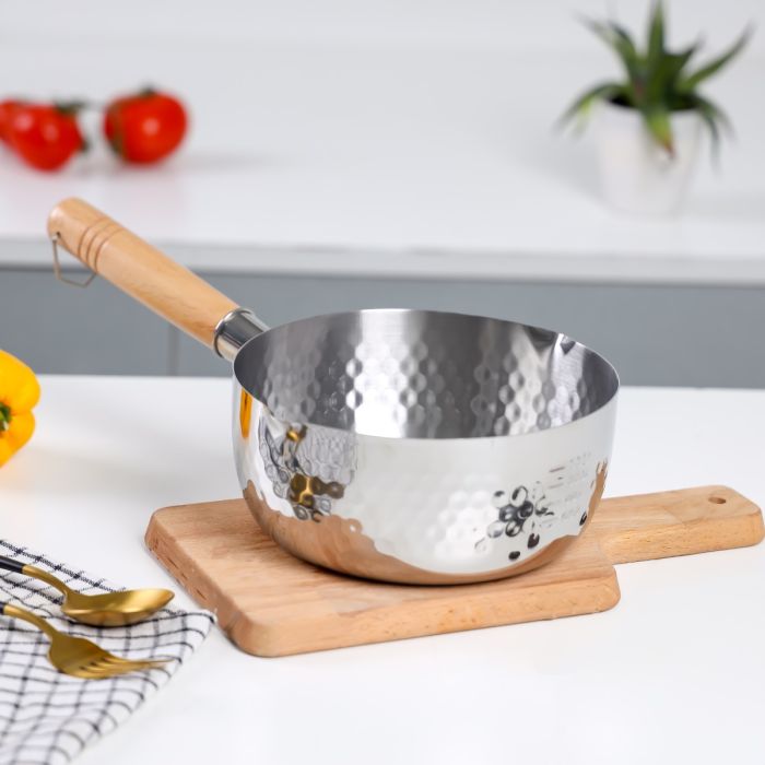 Royalford 16 CM Stainless Steel Snow Pot- RF12259| Stylish Design with Hammered Mesh Pattern and Wooden Handle| Saucepan Perfect for Making Sauces, Reducing, Browning, Sauting, Etc., Induction Compatible | Silver