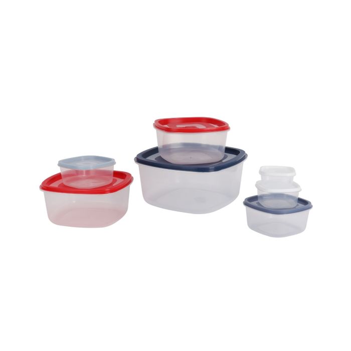 Royalford Square Plastic Food Storage Container- RF12485/ Pack of 7 Containers, 170 ml, 300 ml, 615 ml, 1025 ml, 1800 ml, 2900 ml, 5000 ml, Storage Box for Food, Leftover, Marinades, Dough, etc., for Kitchen Organization/ Multicolor with Transparent Body