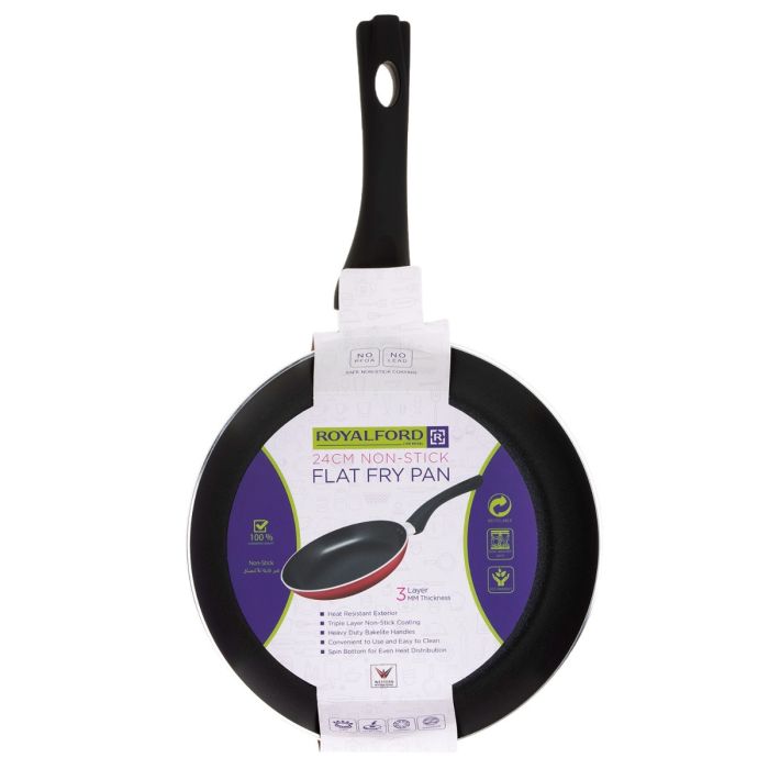 24cm Non-Stick Flat Fry Pan, Bakelite Handle, RF1261FP24 | 3mm Thickness | Triple Layer Non-Stick Coating, Suitable for all Hobs | Even Heat Distribution