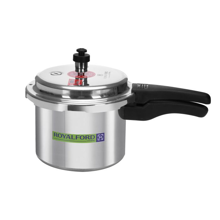 Royalford RF5801 3L Aluminium Induction Base Pressure Cooker - Lightweight & Durable Cooker with Lid, Cool Touch Handle and Safety Valves - Ideal for Gas and Solid Hotplates | 5 Years Warranty