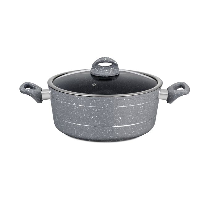 Royalford RF9468 24cm Die-Cast Aluminium Casserole with Glass Lid - Durable Marble Coating, High-Quality Aluminium Construction | Non-Stick Dish for Gas, Induction & Ceramic Hobs