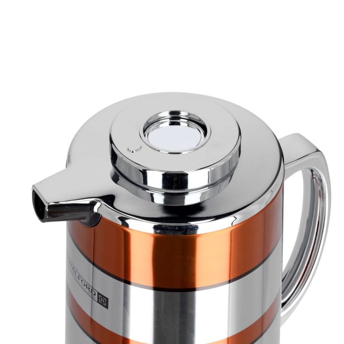 Royalford RF9587 1L Double Wall Golden Figured Vacuum Flask - Portable Heat Insulated Thermos for Keeping Hot/Cold 24 & 36 Hours Retention | Push Button |Coffee, Hot Water, Tea, Beverage | Ideal for Commercial & Outings