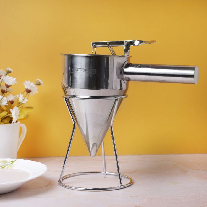 Royalford RF9770 Batter Dispenser - Portable Stainless Steel Body | Pancake Dispenser 1.3L Funnel Dispenser with Rack Supplement | Fill Hollow Chocolate Bodies with Delicacies Like Liqueurs, Jellies & Creams