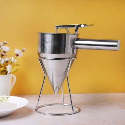 Royalford RF9770 Batter Dispenser - Portable Stainless Steel Body | Pancake Dispenser 1.3L Funnel Dispenser with Rack Supplement | Fill Hollow Chocolate Bodies with Delicacies Like Liqueurs, Jellies & Creams
