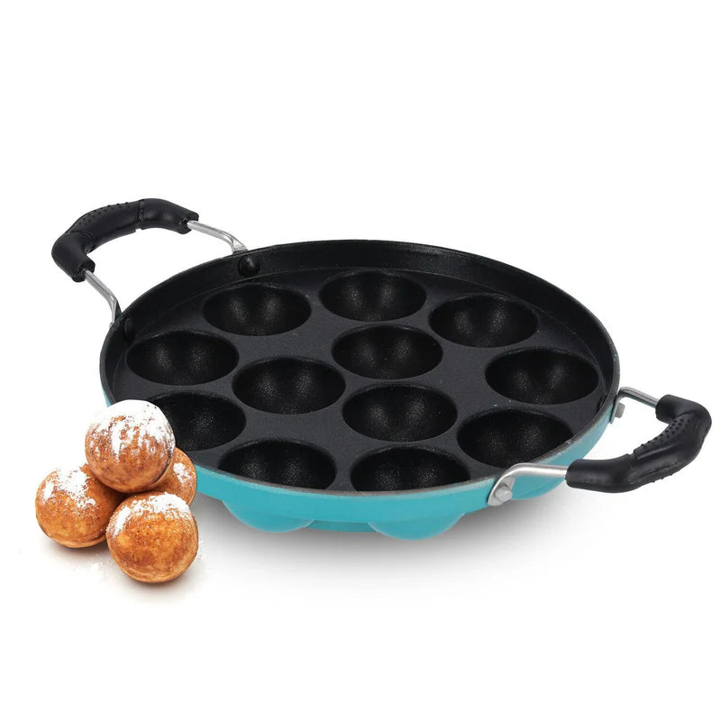 Royalford RF8381 12 Pits Non-Stick Paniyarakkal Appam Pan | 21cm Die-Cast Aluminium |  3-Layer Durable Coating | Heat-Resistant Handles | Suitable For Daily  Use